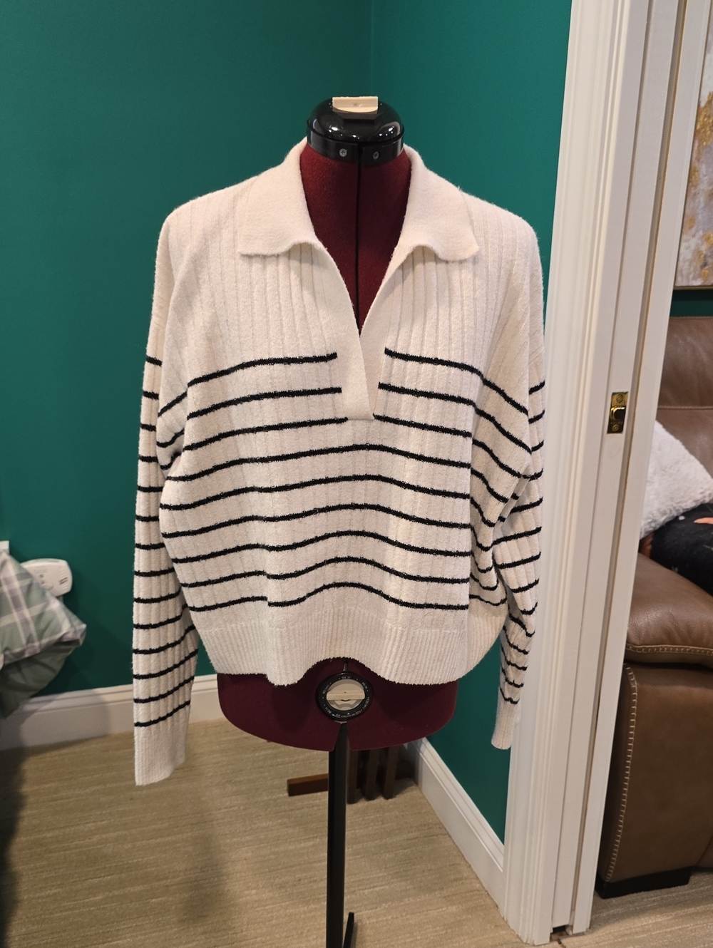 French Connection Off White And Black Striped Oversized Sweater, Size S